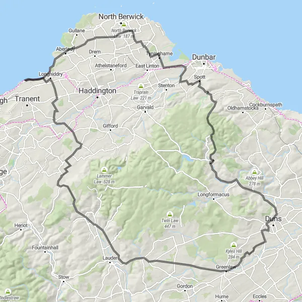 Map miniature of "Roads Less Traveled" cycling inspiration in Eastern Scotland, United Kingdom. Generated by Tarmacs.app cycling route planner