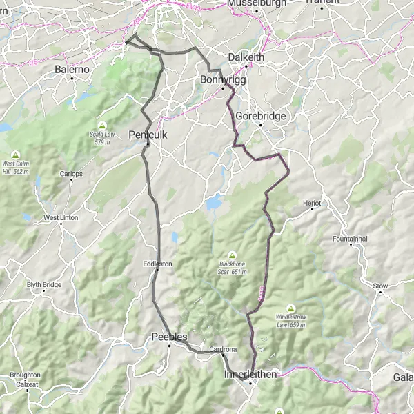 Map miniature of "Valley and Moorland Escapade" cycling inspiration in Eastern Scotland, United Kingdom. Generated by Tarmacs.app cycling route planner
