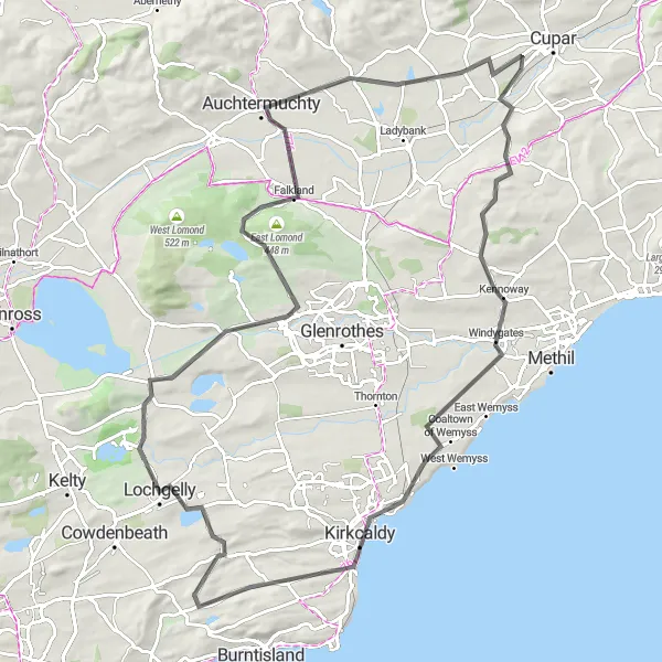 Map miniature of "Windygates and Falkland Quest" cycling inspiration in Eastern Scotland, United Kingdom. Generated by Tarmacs.app cycling route planner