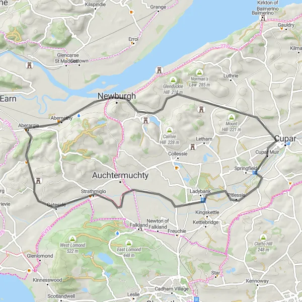 Map miniature of "Ladybank Countryside Escape" cycling inspiration in Eastern Scotland, United Kingdom. Generated by Tarmacs.app cycling route planner