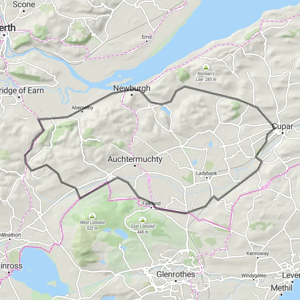 Map miniature of "Heart of Fife" cycling inspiration in Eastern Scotland, United Kingdom. Generated by Tarmacs.app cycling route planner