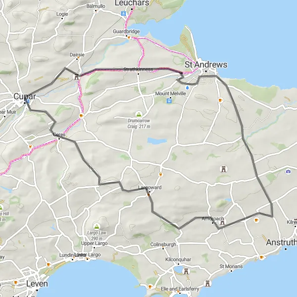 Map miniature of "Cupar Loop" cycling inspiration in Eastern Scotland, United Kingdom. Generated by Tarmacs.app cycling route planner