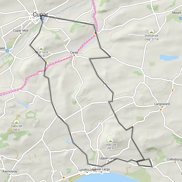 Map miniature of "Flagstaff Hill and Drumeldrie Loop" cycling inspiration in Eastern Scotland, United Kingdom. Generated by Tarmacs.app cycling route planner