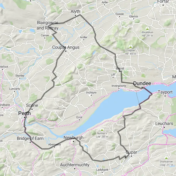 Map miniature of "Perthshire Adventure" cycling inspiration in Eastern Scotland, United Kingdom. Generated by Tarmacs.app cycling route planner