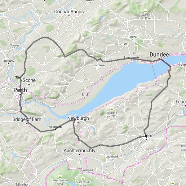 Map miniature of "Perthshire Panorama" cycling inspiration in Eastern Scotland, United Kingdom. Generated by Tarmacs.app cycling route planner
