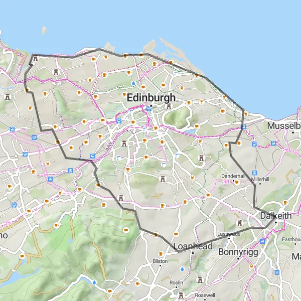 Map miniature of "Dalkeith to Cramond Loop" cycling inspiration in Eastern Scotland, United Kingdom. Generated by Tarmacs.app cycling route planner