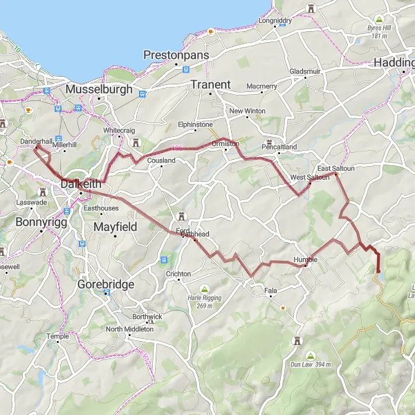 Map miniature of "Danderhall Gravel Route" cycling inspiration in Eastern Scotland, United Kingdom. Generated by Tarmacs.app cycling route planner