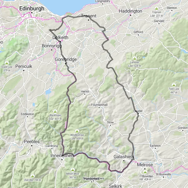 Map miniature of "Historical Journey and Hill Challenges" cycling inspiration in Eastern Scotland, United Kingdom. Generated by Tarmacs.app cycling route planner