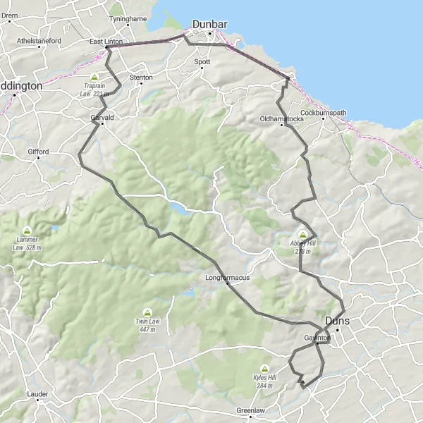 Map miniature of "East Linton to West Barns and Back" cycling inspiration in Eastern Scotland, United Kingdom. Generated by Tarmacs.app cycling route planner