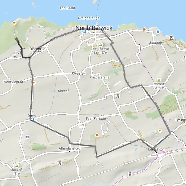 Map miniature of "East Linton Tour: North Berwick Loop" cycling inspiration in Eastern Scotland, United Kingdom. Generated by Tarmacs.app cycling route planner