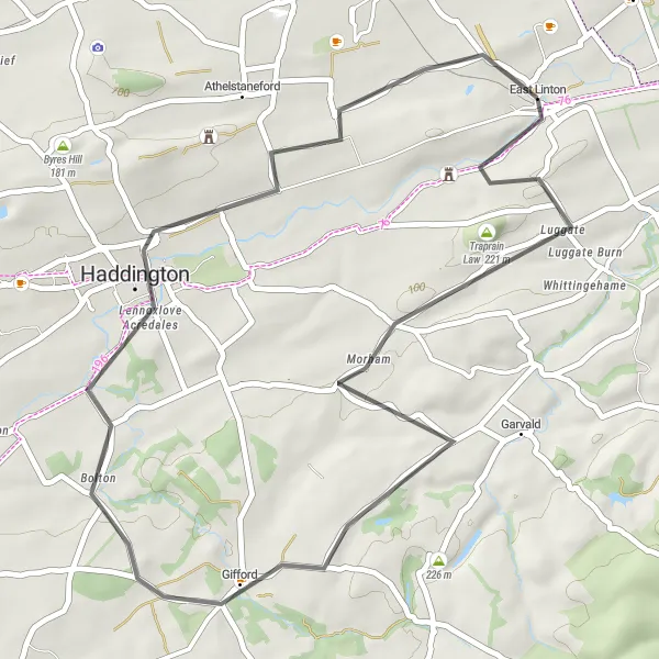 Map miniature of "East Linton to Preston Mill Loop" cycling inspiration in Eastern Scotland, United Kingdom. Generated by Tarmacs.app cycling route planner