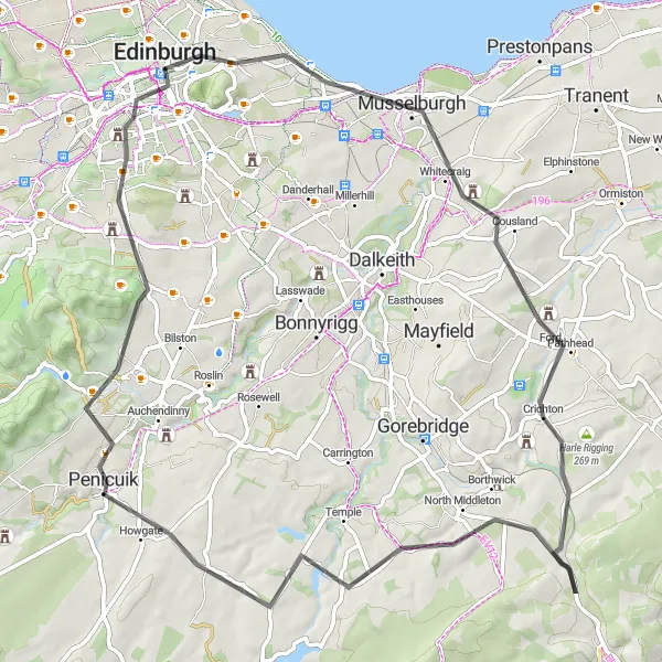Map miniature of "Edinburgh Historic Route" cycling inspiration in Eastern Scotland, United Kingdom. Generated by Tarmacs.app cycling route planner
