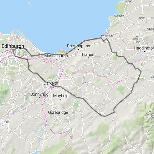 Map miniature of "Coastal Delights" cycling inspiration in Eastern Scotland, United Kingdom. Generated by Tarmacs.app cycling route planner