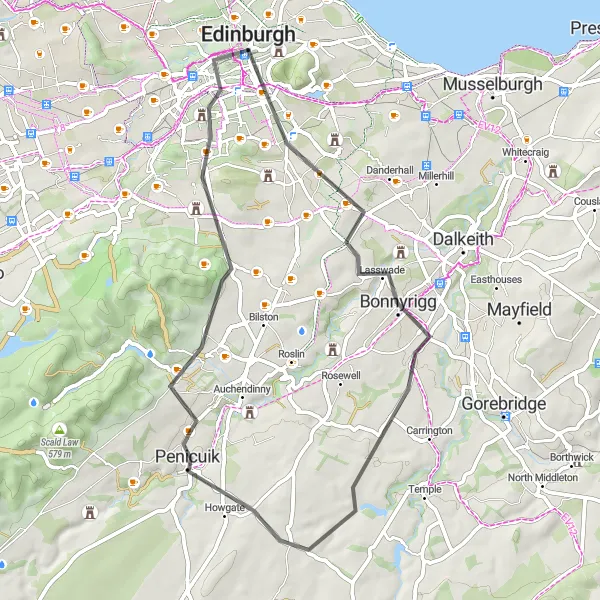 Map miniature of "Edinburgh City Highlights Route" cycling inspiration in Eastern Scotland, United Kingdom. Generated by Tarmacs.app cycling route planner