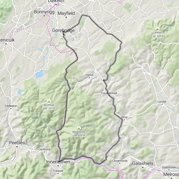 Map miniature of "Soutra Hill and Borderland" cycling inspiration in Eastern Scotland, United Kingdom. Generated by Tarmacs.app cycling route planner