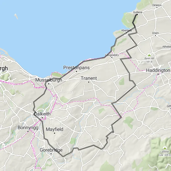 Map miniature of "Redhouse Castle Loop" cycling inspiration in Eastern Scotland, United Kingdom. Generated by Tarmacs.app cycling route planner