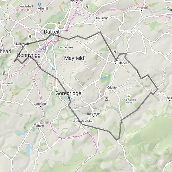 Map miniature of "Newbattle Abbey Loop" cycling inspiration in Eastern Scotland, United Kingdom. Generated by Tarmacs.app cycling route planner