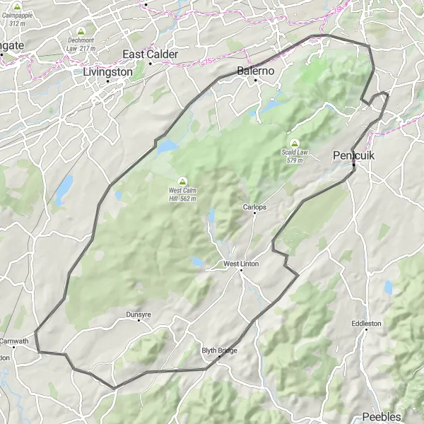 Map miniature of "Penicuik and Blyth Bridge Loop" cycling inspiration in Eastern Scotland, United Kingdom. Generated by Tarmacs.app cycling route planner