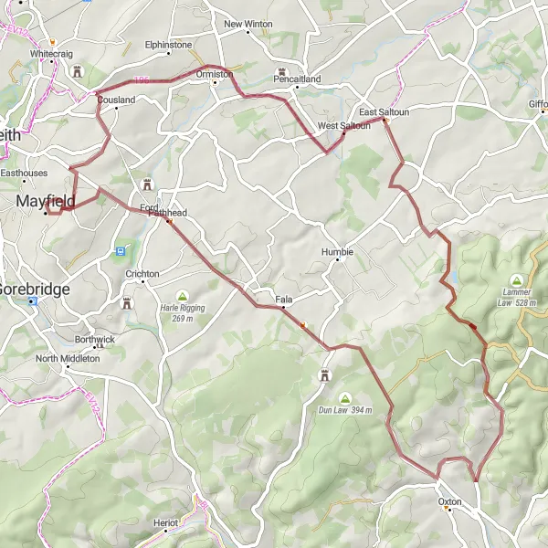 Map miniature of "Mayfield Gravel Exploration" cycling inspiration in Eastern Scotland, United Kingdom. Generated by Tarmacs.app cycling route planner