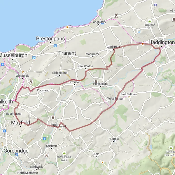 Map miniature of "Scenic Gravel Ride through Gladsmuir and West Saltoun" cycling inspiration in Eastern Scotland, United Kingdom. Generated by Tarmacs.app cycling route planner