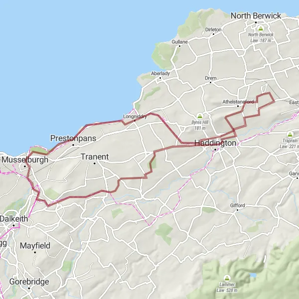Map miniature of "Coastal Gravel Ride" cycling inspiration in Eastern Scotland, United Kingdom. Generated by Tarmacs.app cycling route planner
