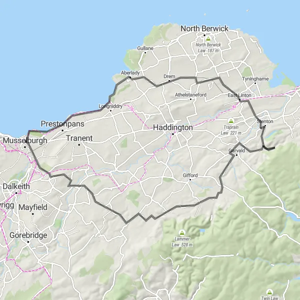 Map miniature of "East Lothian Coastal Loop" cycling inspiration in Eastern Scotland, United Kingdom. Generated by Tarmacs.app cycling route planner