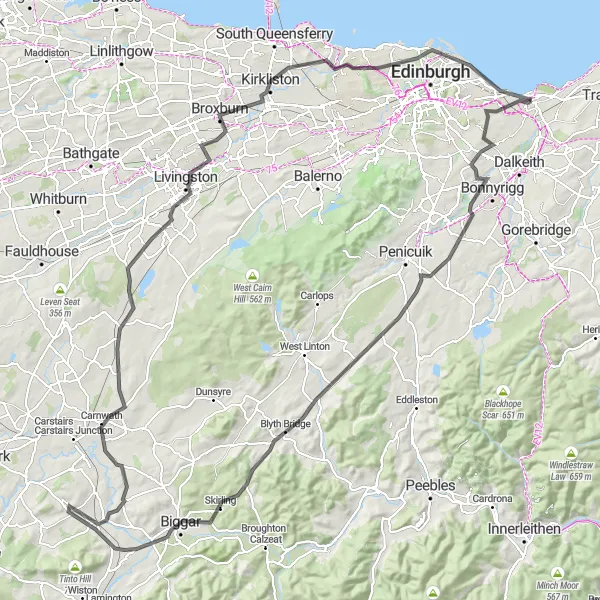 Map miniature of "Edinburgh Hills Loop" cycling inspiration in Eastern Scotland, United Kingdom. Generated by Tarmacs.app cycling route planner