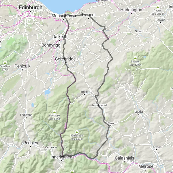 Map miniature of "Lothian Grand Tour" cycling inspiration in Eastern Scotland, United Kingdom. Generated by Tarmacs.app cycling route planner