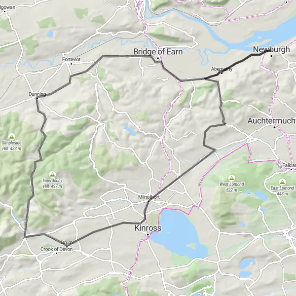 Map miniature of "Kinrossshire Adventure" cycling inspiration in Eastern Scotland, United Kingdom. Generated by Tarmacs.app cycling route planner