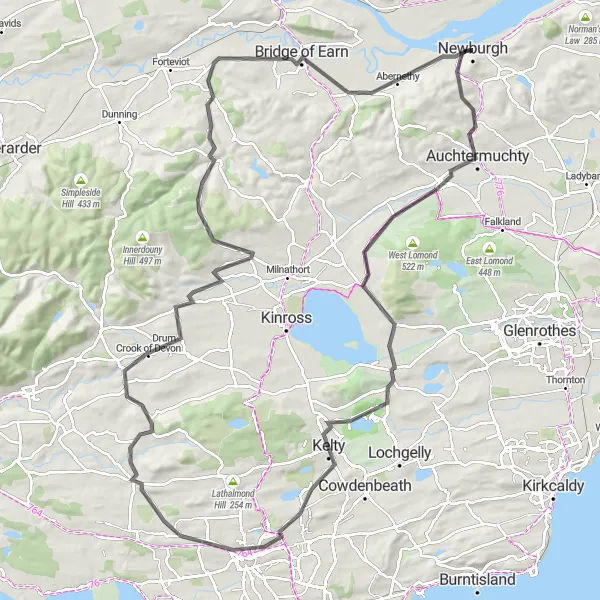 Map miniature of "The Kinross Road Adventure" cycling inspiration in Eastern Scotland, United Kingdom. Generated by Tarmacs.app cycling route planner