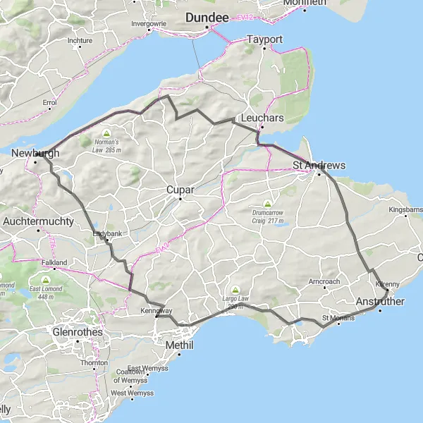 Map miniature of "Coastal Escape" cycling inspiration in Eastern Scotland, United Kingdom. Generated by Tarmacs.app cycling route planner