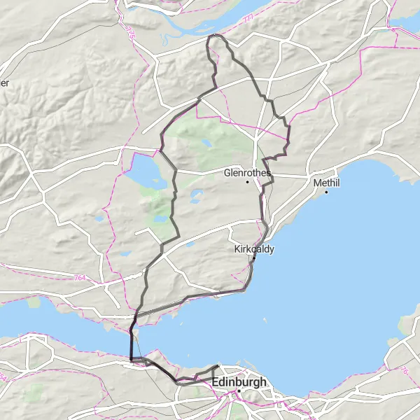Map miniature of "The Fife Coastal Loop" cycling inspiration in Eastern Scotland, United Kingdom. Generated by Tarmacs.app cycling route planner