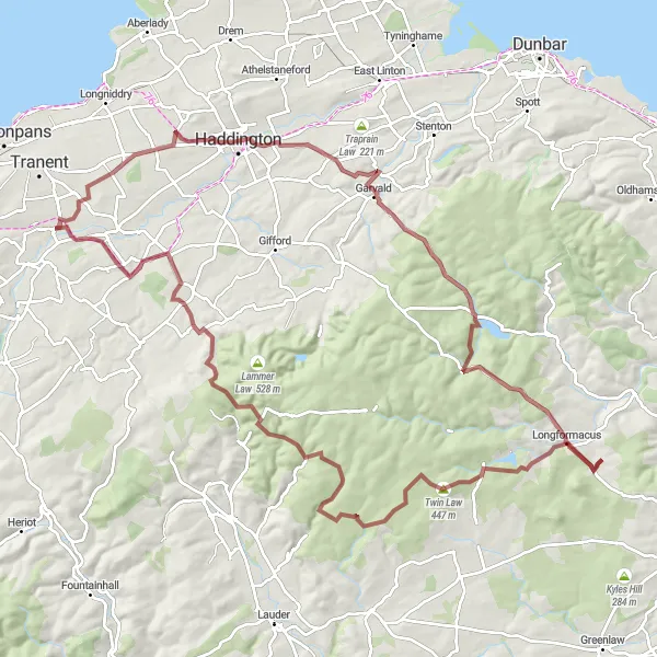 Map miniature of "The Haddington Gravel Explorer" cycling inspiration in Eastern Scotland, United Kingdom. Generated by Tarmacs.app cycling route planner