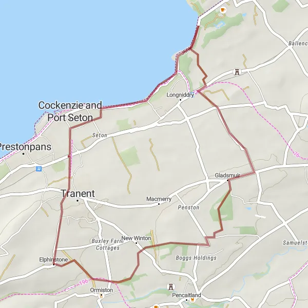 Map miniature of "Ormiston Gravel Adventure" cycling inspiration in Eastern Scotland, United Kingdom. Generated by Tarmacs.app cycling route planner