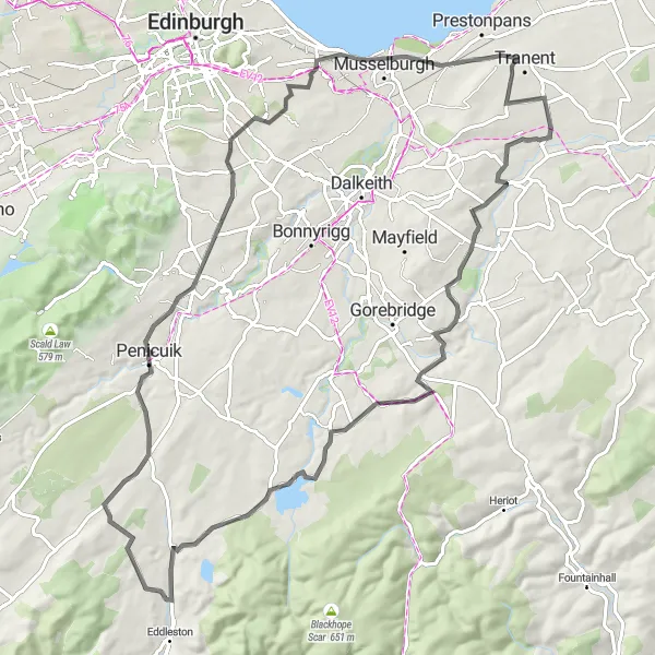 Map miniature of "Ormiston to Brunstane Adventure" cycling inspiration in Eastern Scotland, United Kingdom. Generated by Tarmacs.app cycling route planner