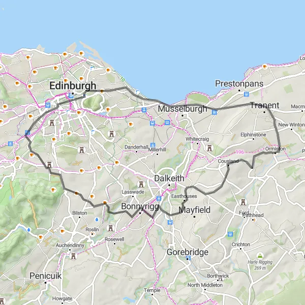 Map miniature of "The Ormiston Loop" cycling inspiration in Eastern Scotland, United Kingdom. Generated by Tarmacs.app cycling route planner