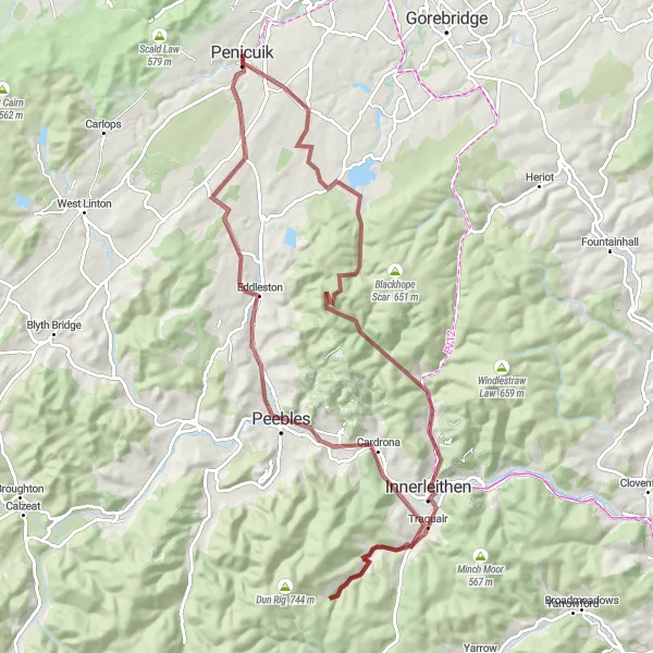 Map miniature of "Off-Road Exploration from Penicuik" cycling inspiration in Eastern Scotland, United Kingdom. Generated by Tarmacs.app cycling route planner