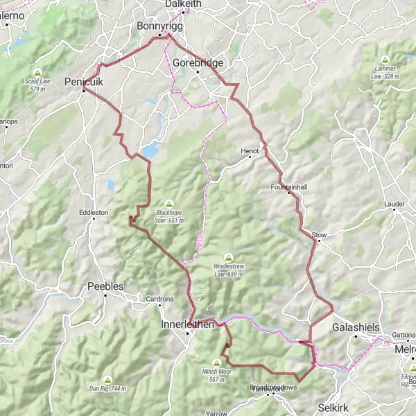 Map miniature of "Gravel Adventure to Stow" cycling inspiration in Eastern Scotland, United Kingdom. Generated by Tarmacs.app cycling route planner