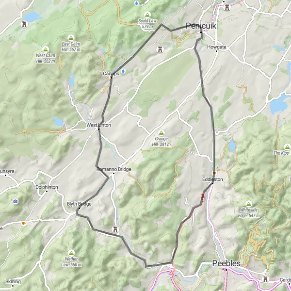 Map miniature of "Historical Route around Penicuik" cycling inspiration in Eastern Scotland, United Kingdom. Generated by Tarmacs.app cycling route planner