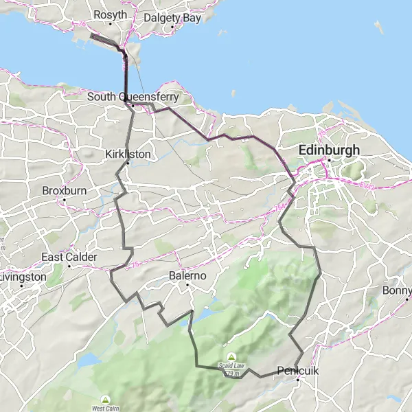 Map miniature of "Queensferry Hills Power Ride" cycling inspiration in Eastern Scotland, United Kingdom. Generated by Tarmacs.app cycling route planner