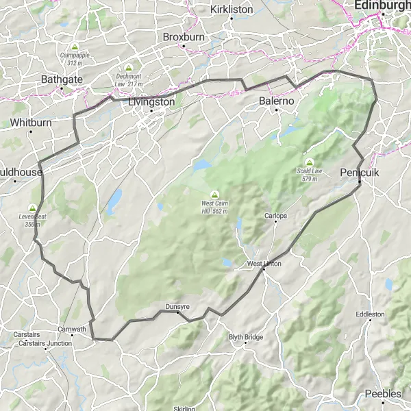 Map miniature of "Penicuik to Livingston Grand Tour" cycling inspiration in Eastern Scotland, United Kingdom. Generated by Tarmacs.app cycling route planner