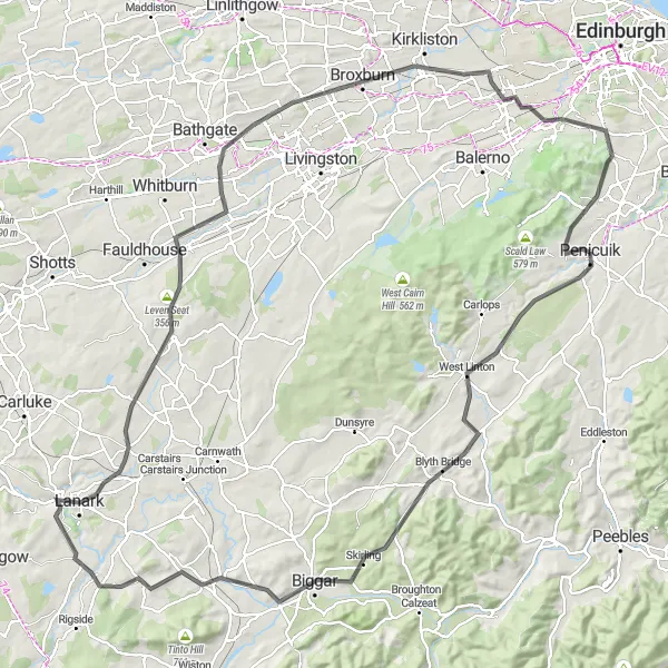 Map miniature of "West Linton Loop" cycling inspiration in Eastern Scotland, United Kingdom. Generated by Tarmacs.app cycling route planner