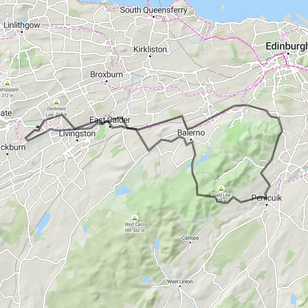 Map miniature of "Penicuik and Livingston Loop" cycling inspiration in Eastern Scotland, United Kingdom. Generated by Tarmacs.app cycling route planner