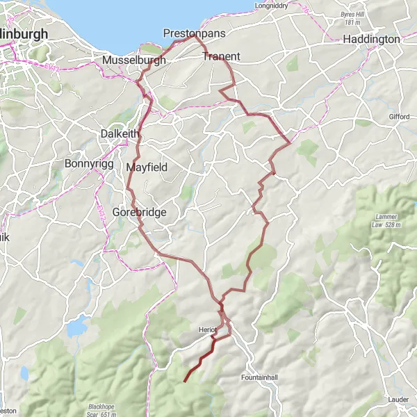 Map miniature of "Gravel Adventure to Gorebridge" cycling inspiration in Eastern Scotland, United Kingdom. Generated by Tarmacs.app cycling route planner