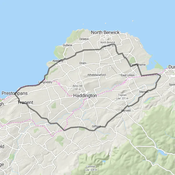 Map miniature of "Explore East Lothian" cycling inspiration in Eastern Scotland, United Kingdom. Generated by Tarmacs.app cycling route planner