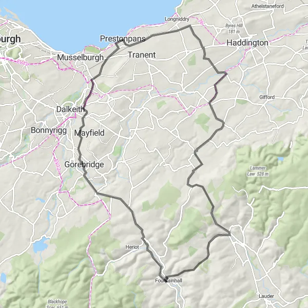 Map miniature of "Prestonpans Loop" cycling inspiration in Eastern Scotland, United Kingdom. Generated by Tarmacs.app cycling route planner