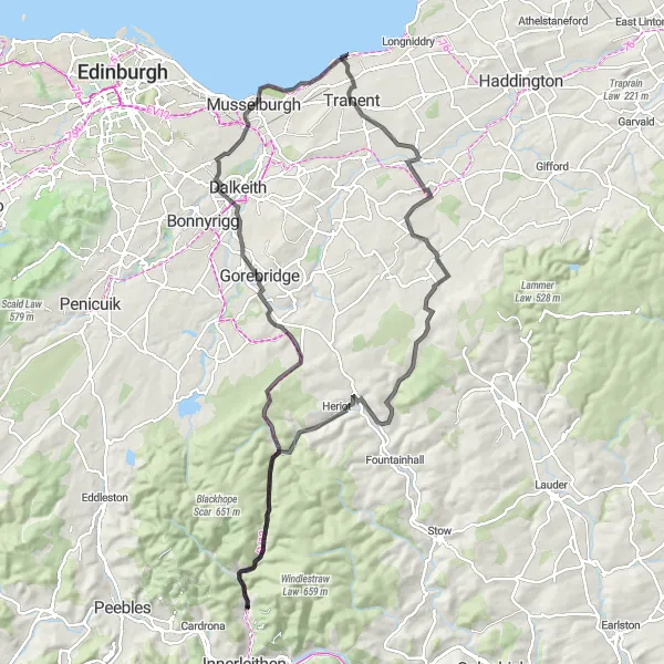 Map miniature of "The Soutra Exploration" cycling inspiration in Eastern Scotland, United Kingdom. Generated by Tarmacs.app cycling route planner