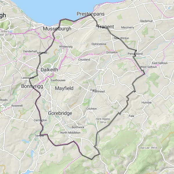 Map miniature of "Scenic Ride to Bonnyrigg" cycling inspiration in Eastern Scotland, United Kingdom. Generated by Tarmacs.app cycling route planner