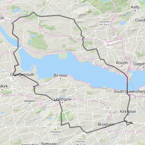 Map miniature of "The Linlithgow Expedition" cycling inspiration in Eastern Scotland, United Kingdom. Generated by Tarmacs.app cycling route planner