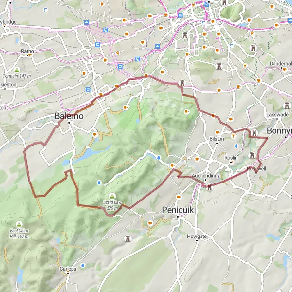 Map miniature of "The Gravel Adventures of Midlothian" cycling inspiration in Eastern Scotland, United Kingdom. Generated by Tarmacs.app cycling route planner